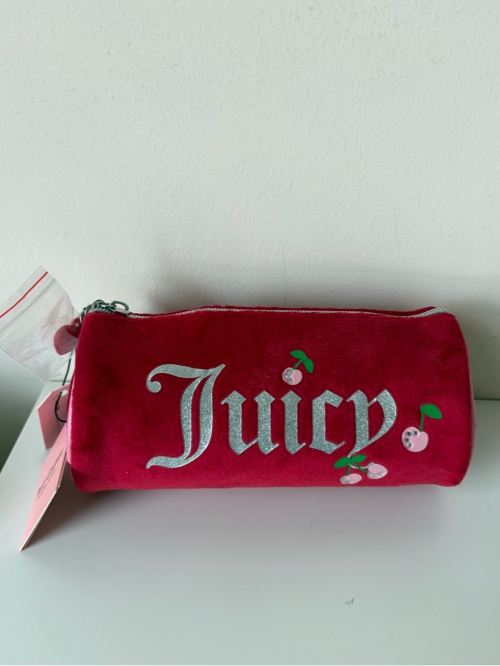 Juicy Couture Velour Red Cherry Travel Cosmetic Roll Bag with Toiletry Bottle